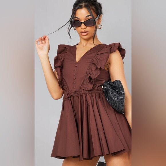 NWOT PrettyLittleThings Chocolate Poplin Button Detail Flare Short Romper size 1 - Picture 1 of 11